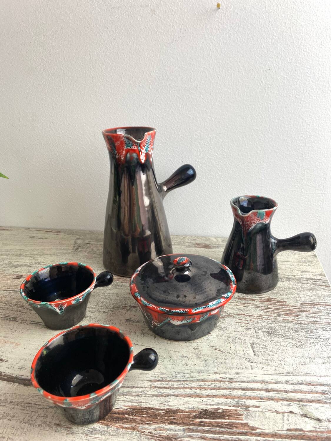 Vallauris ceramic pitcher, sugar bowl and cup set