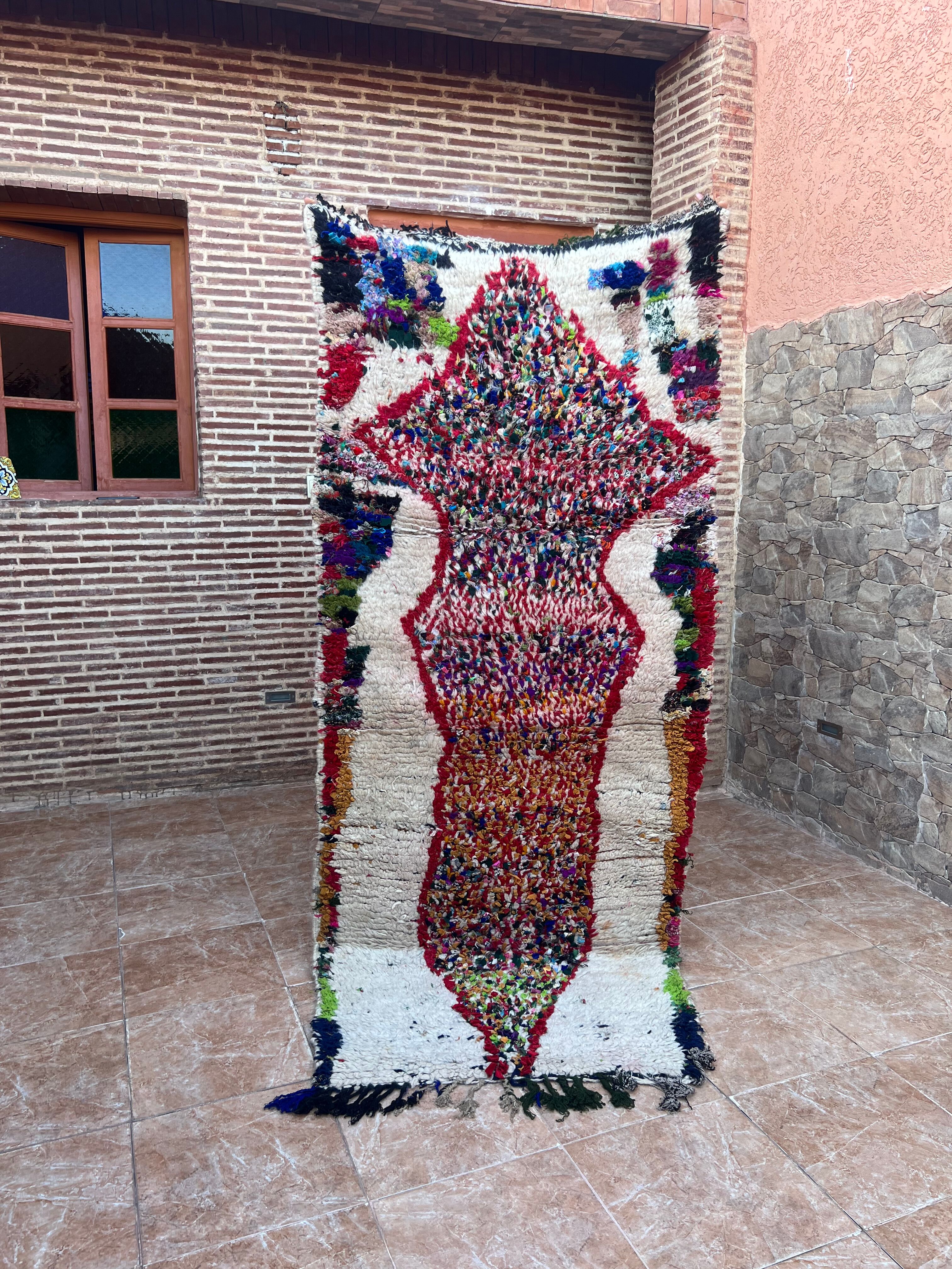 Vintage Boujaad wool table runner: red and black Moroccan rug.