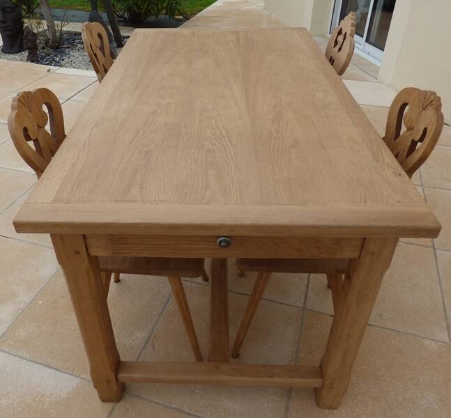 Solid oak farmhouse table with 2 large drawers and brass knobs - Fully restored
