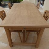 Solid oak farmhouse table with 2 large drawers and brass knobs - Fully restored