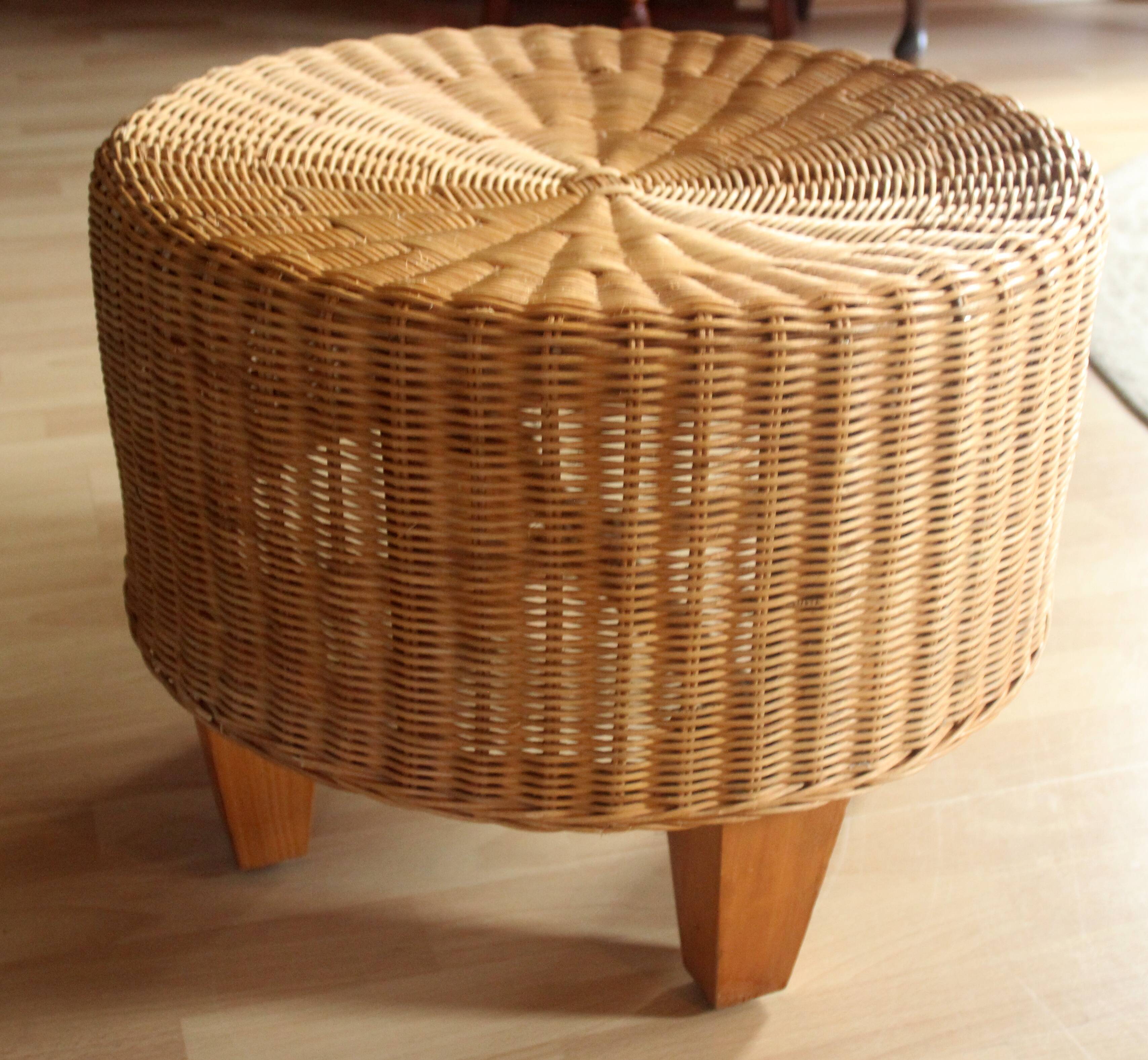 Table d'appoint ronde en rotin, bambou et bois - Vintage