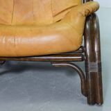 Brutalist Bentwood Bamboo Lounge Chair with Caramel Leather Upholstery, 60s