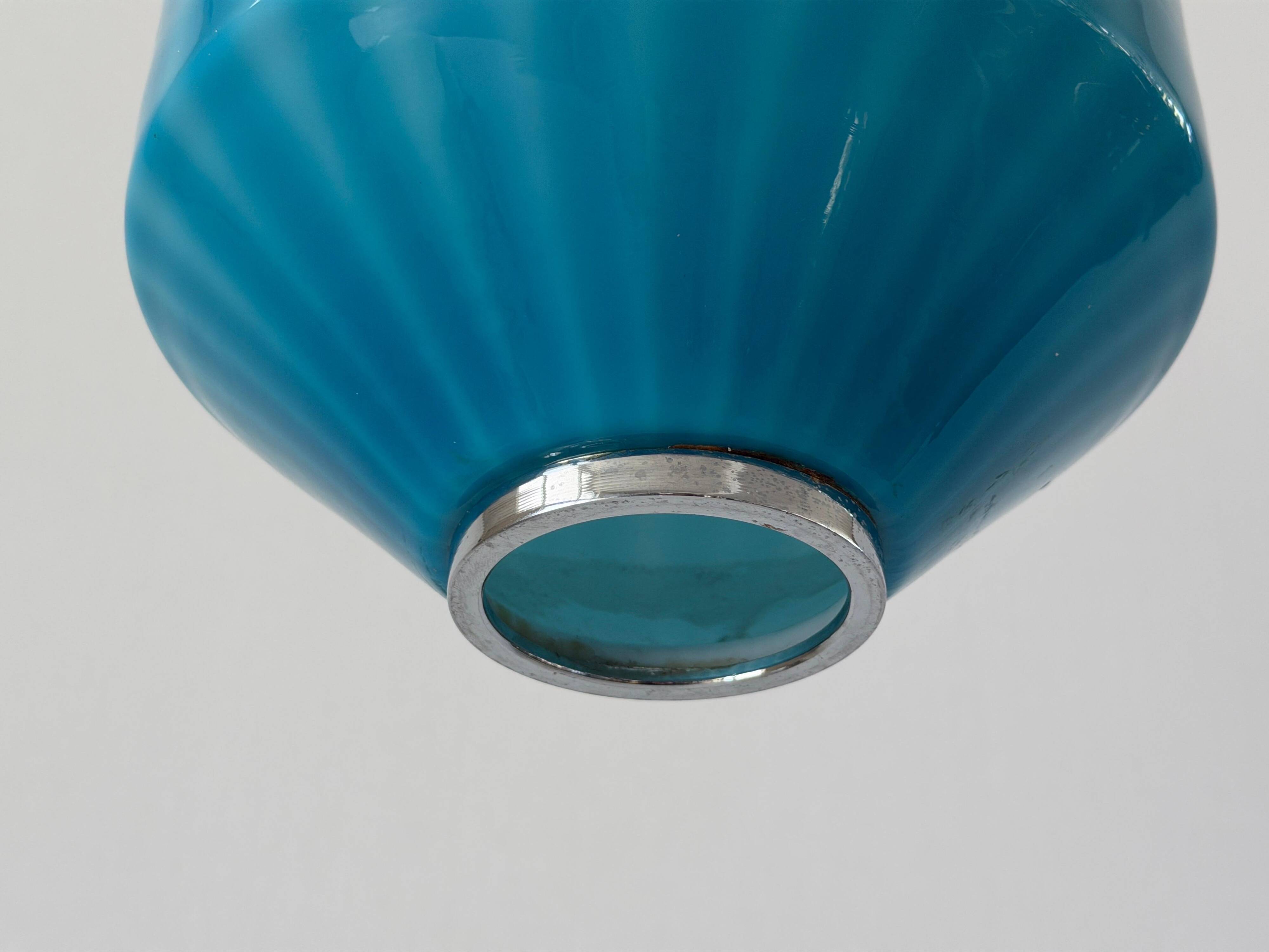 Blue glass ceiling light with a chrome frame, 1960s, Germany.