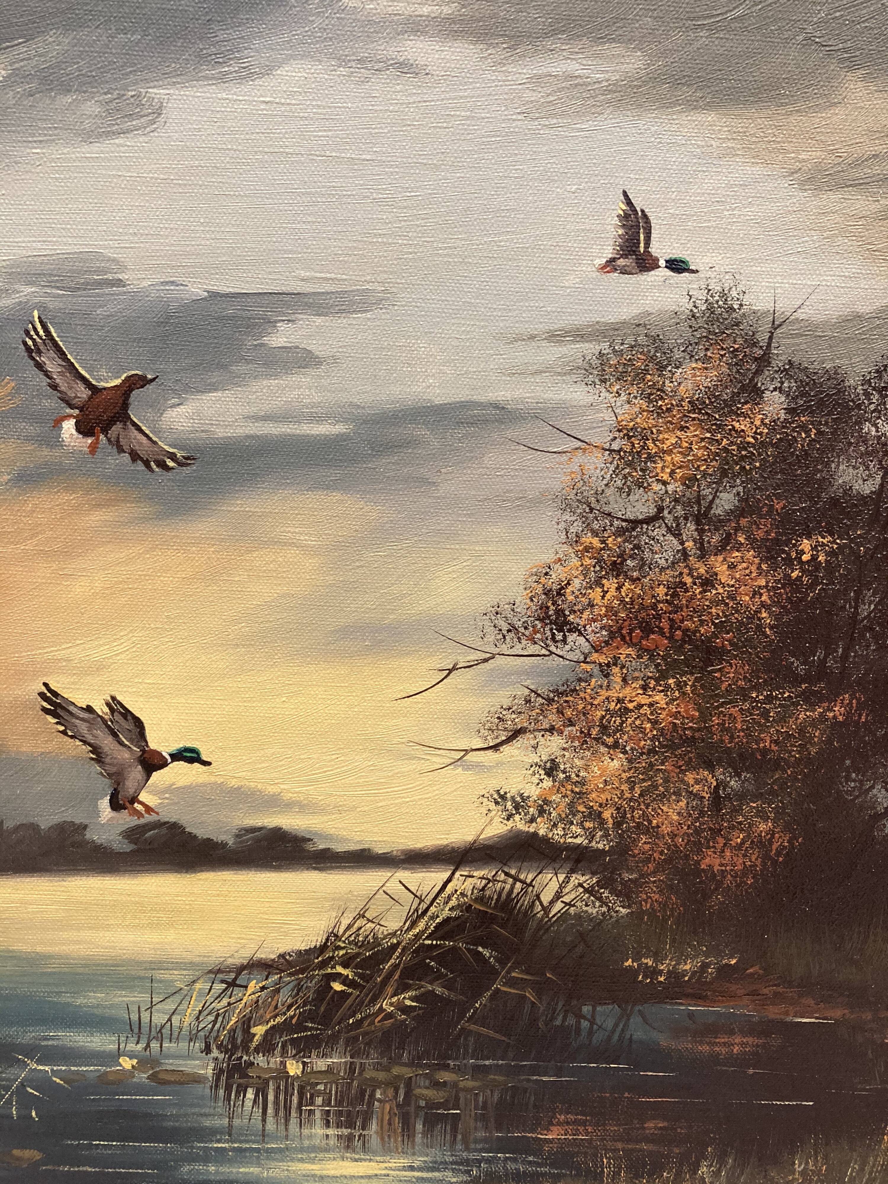Oil on canvas sunset at the water's edge