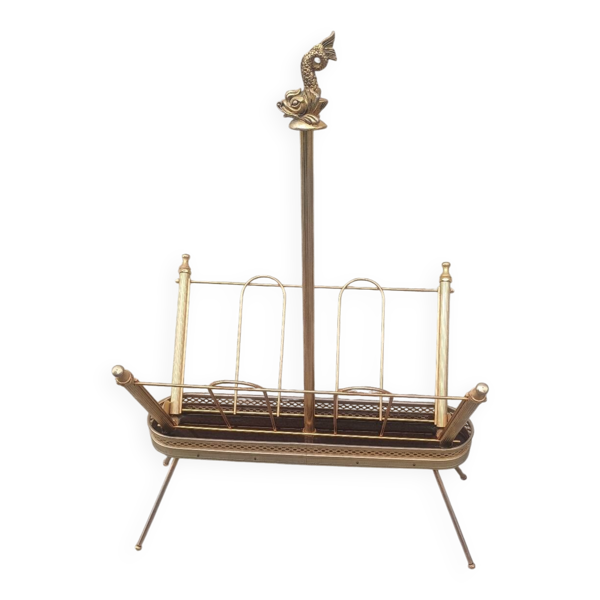1960s brass folding magazine rack with lacquered wood decoration.