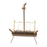 1960s brass folding magazine rack with lacquered wood decoration.