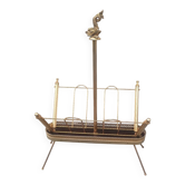 1960s brass folding magazine rack with lacquered wood decoration.