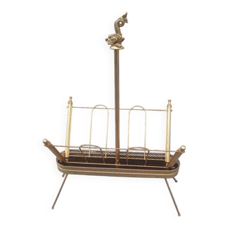 1960s brass folding magazine rack with lacquered wood decoration.