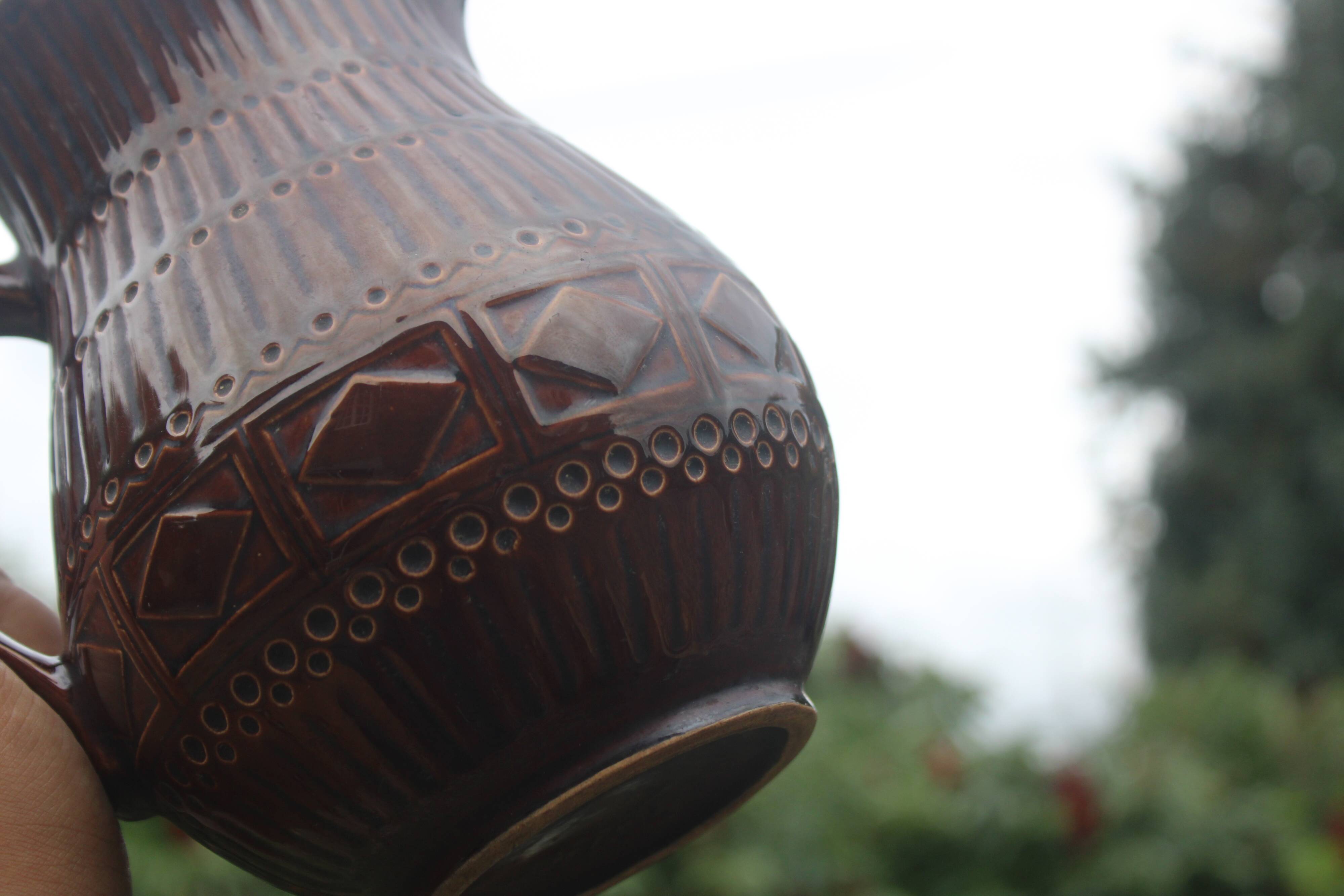 Superb vintage Digoin Sarreguemines pitcher in brown enamelled ceramic