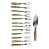 Set of 12 dessert forks and pie server in brown case