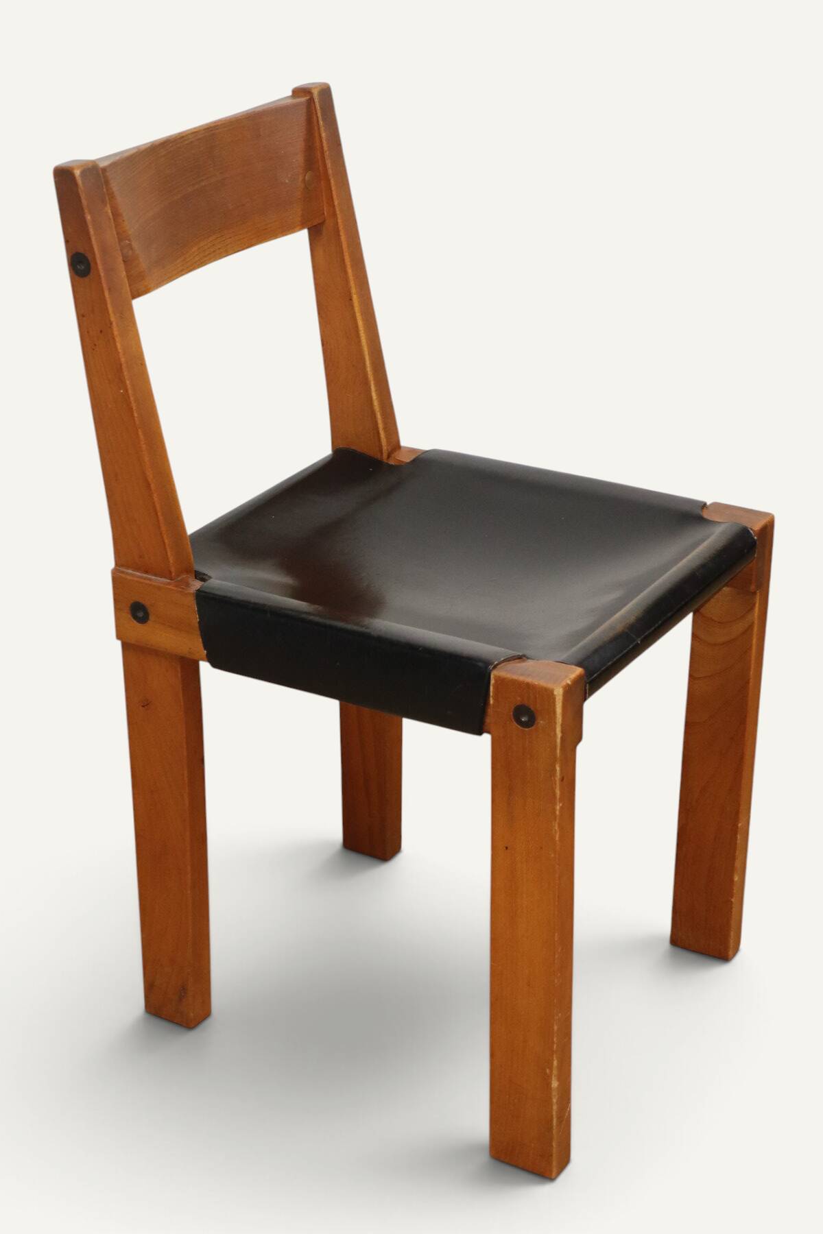 Chair S24 by Pierre Chapo – Solid elm and black leather – 1970
