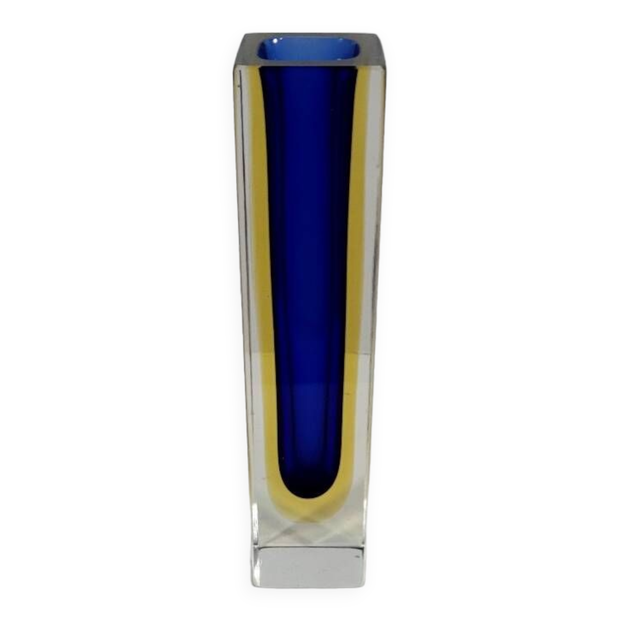 MURANO Flavio Poli Soliflore ou Vase carré vintage en Verre Bleu et Jaune