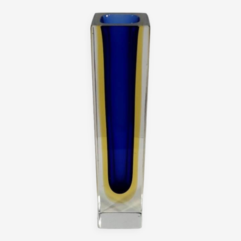 MURANO Flavio Poli Soliflore or Vintage Square Vase in Blue and Yellow Glass