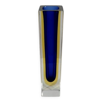 MURANO Flavio Poli Soliflore or Vintage Square Vase in Blue and Yellow Glass