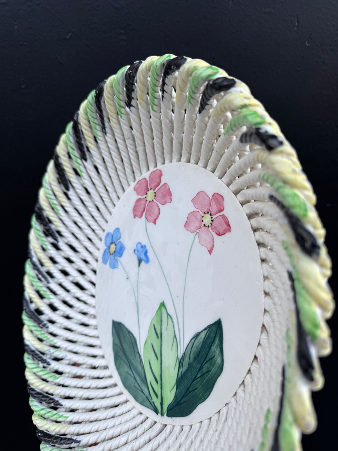 Woven ceramic fruit bowl from the 1950s
