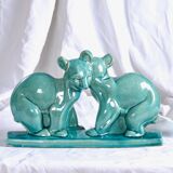 Art Deco Cracked Ceramic Teddy Bear Statue by LV Ceram
