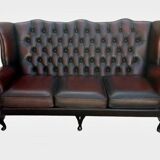 Vintage Chesterfield 3-seater sofa in red leather - English wingback model