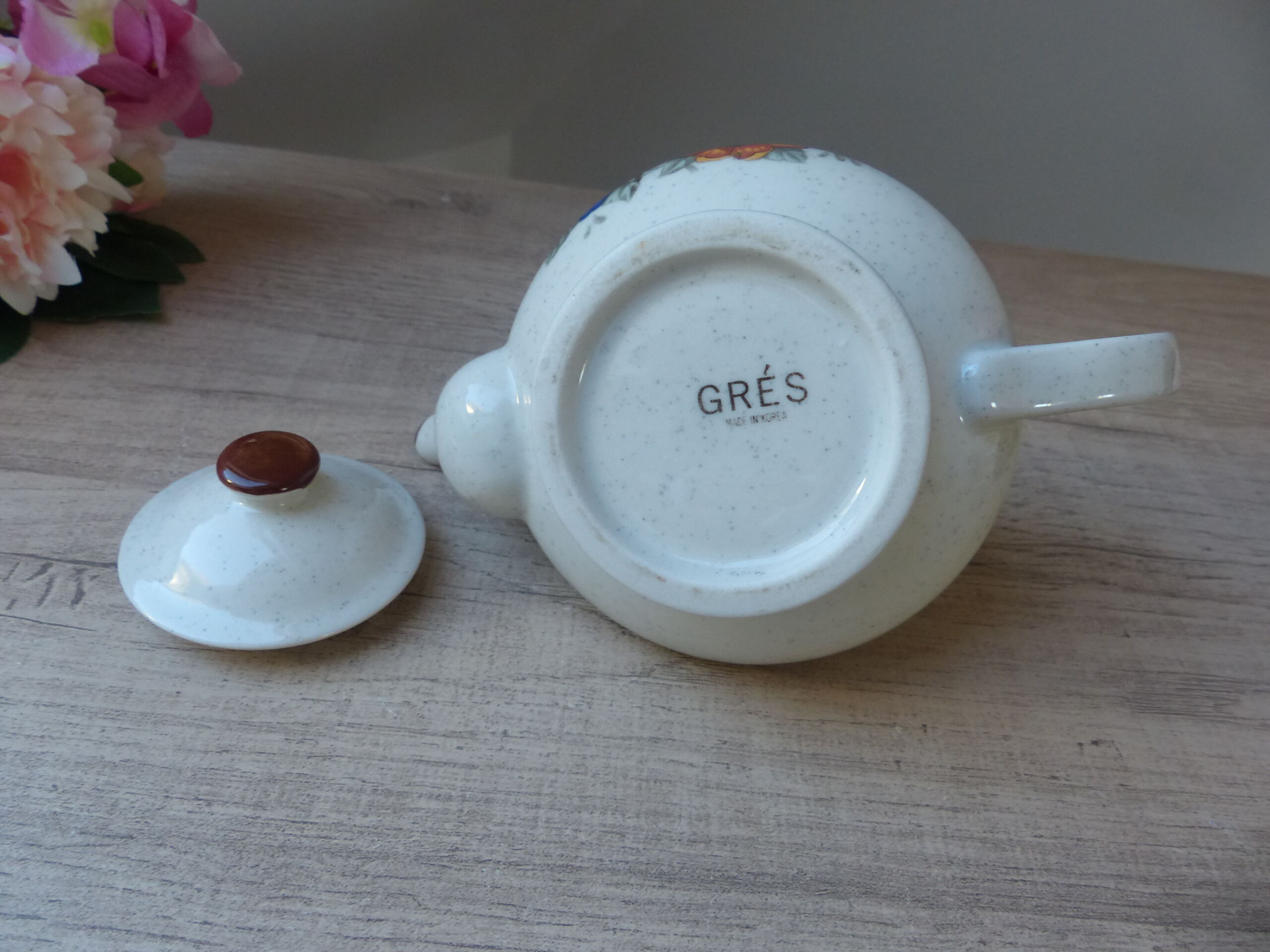 Coffee maker décor blue and orange flowers in real stoneware 1970