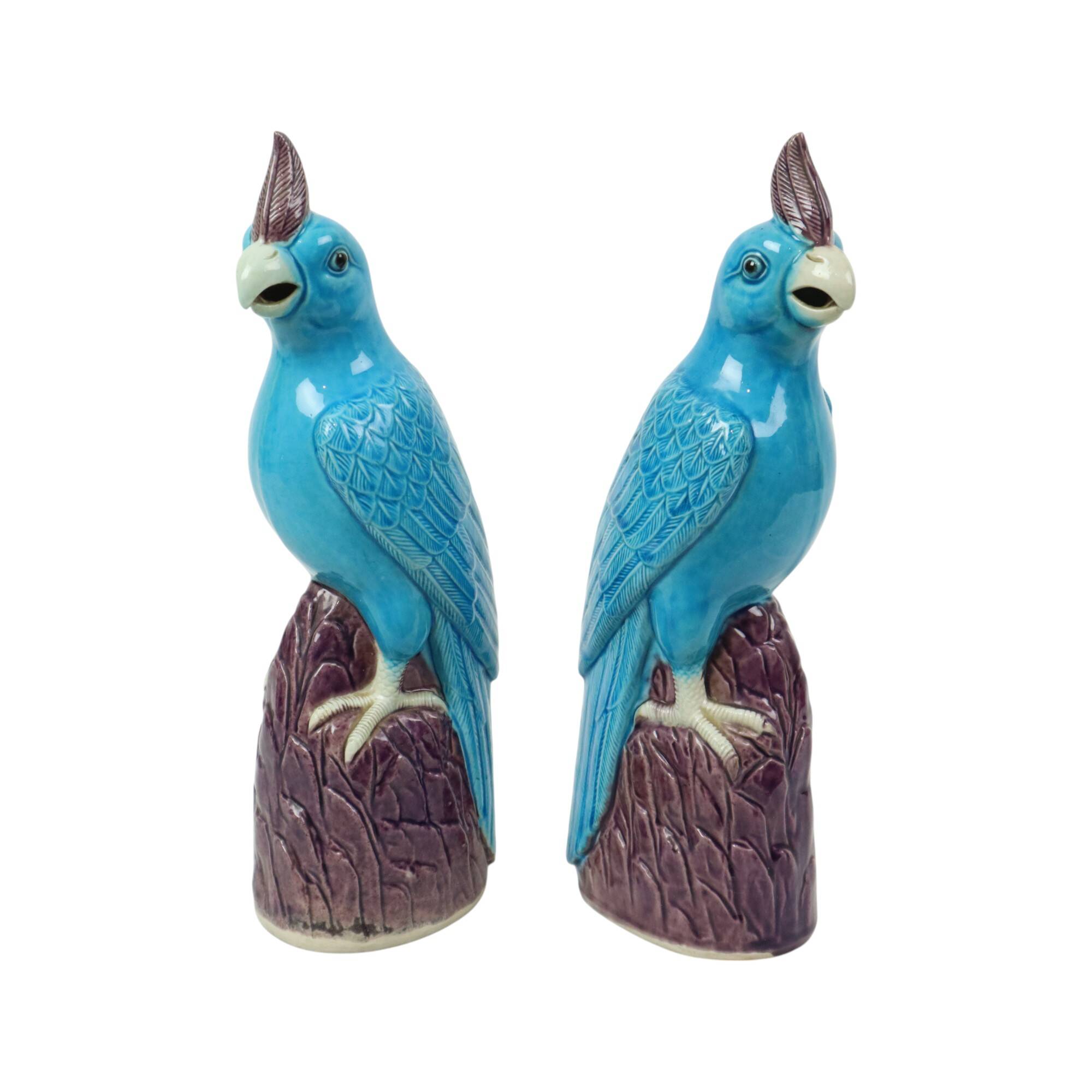 Pair of Turquoise Glazed Parrots Chinese Porcelain 30cm