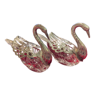 Salt salieres pepper swans glass and silver metal