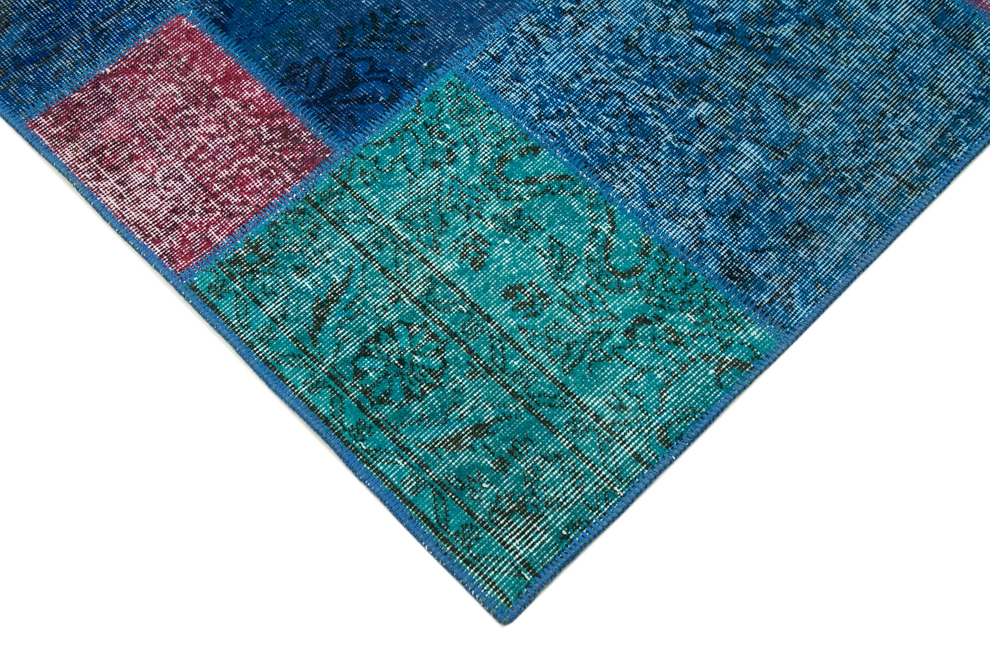 Tapis oriental contemporain 203 cm x 300 cm bleu patchwork fait à la main