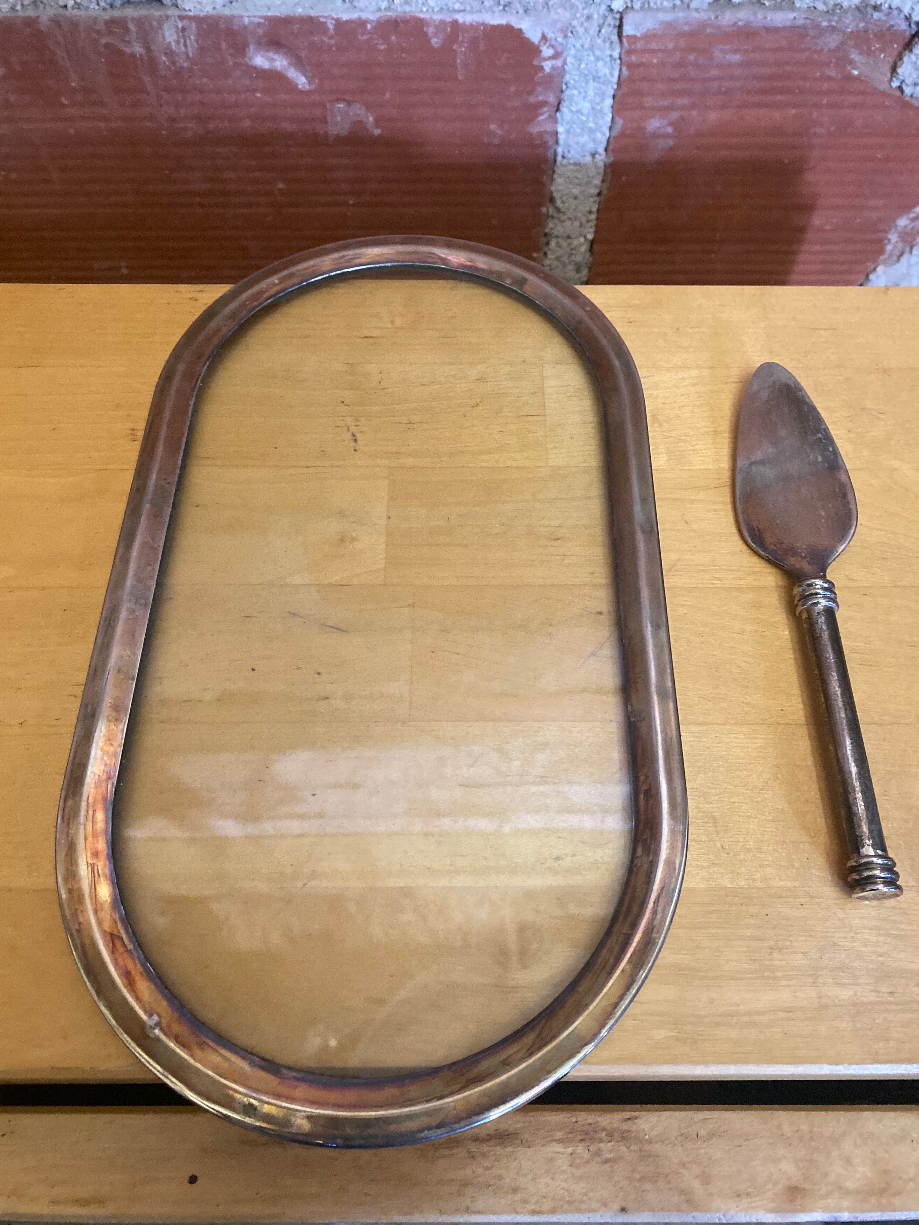 Foie gras service jd france platter + silver metal spatula + vintage glass