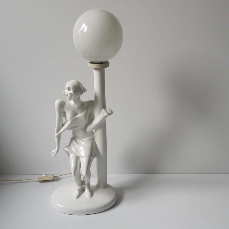 Ceramic woman lamp and opaline globe year 80