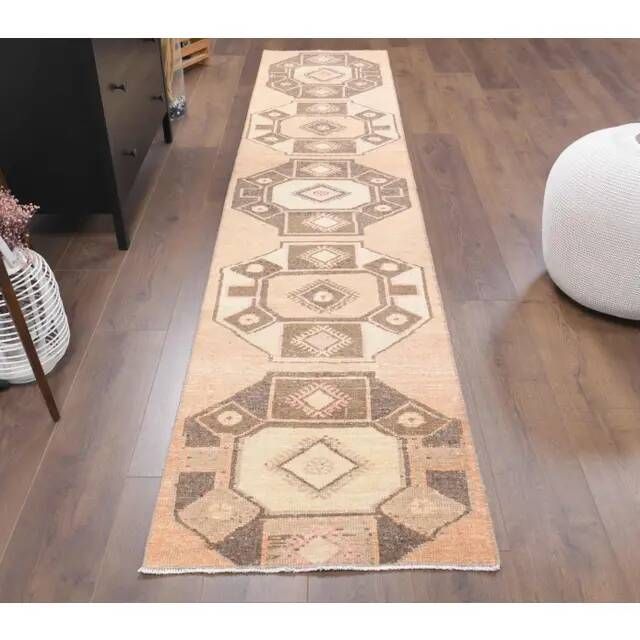 Vintage Turkish Hand-Knotted Wool Cotton Orange Runner Rug 66x318