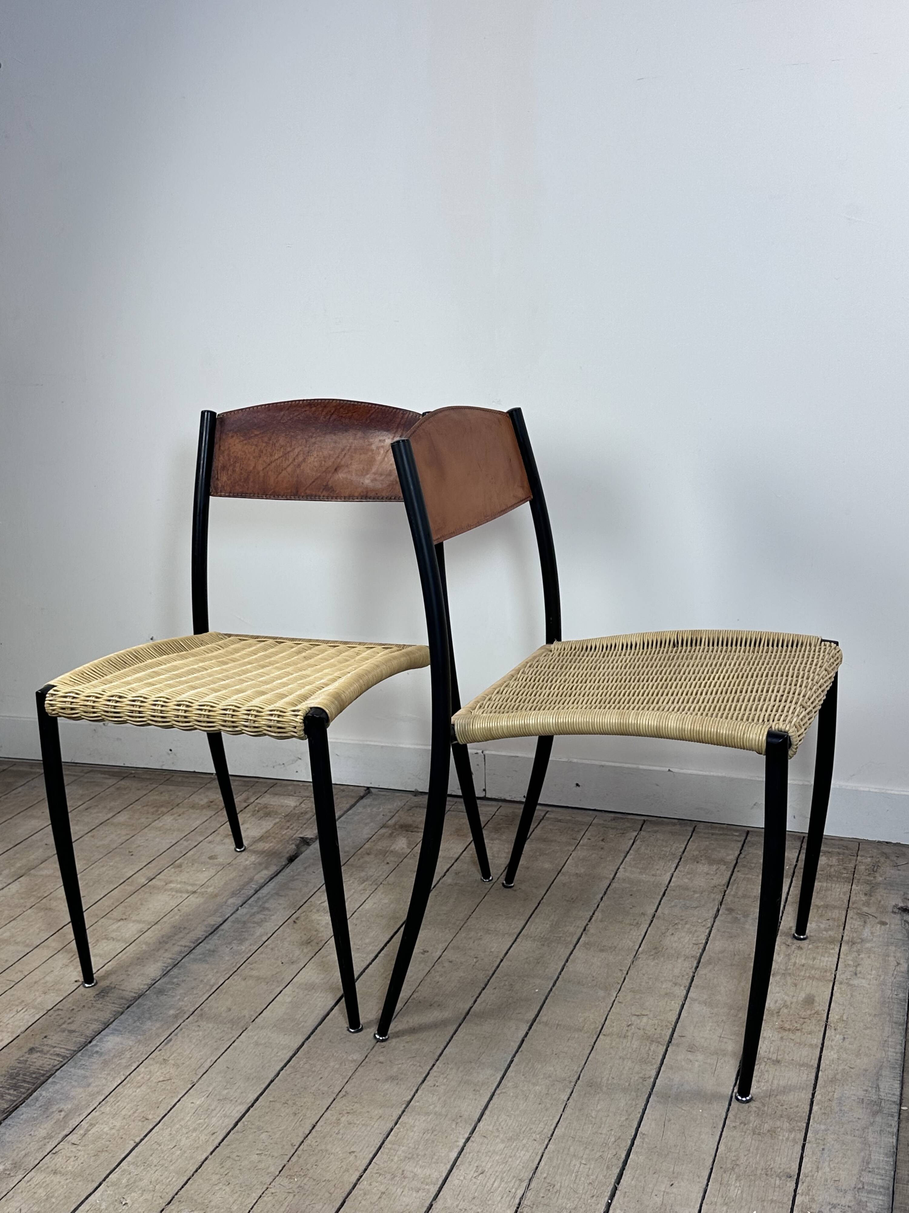 Chairs (set of 2) in metal, leather and straw 1960's
