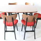 Mid-century mahogany wood and purple fabric set — drop-leaf table + 6 Butterfly chairs by G-Plan