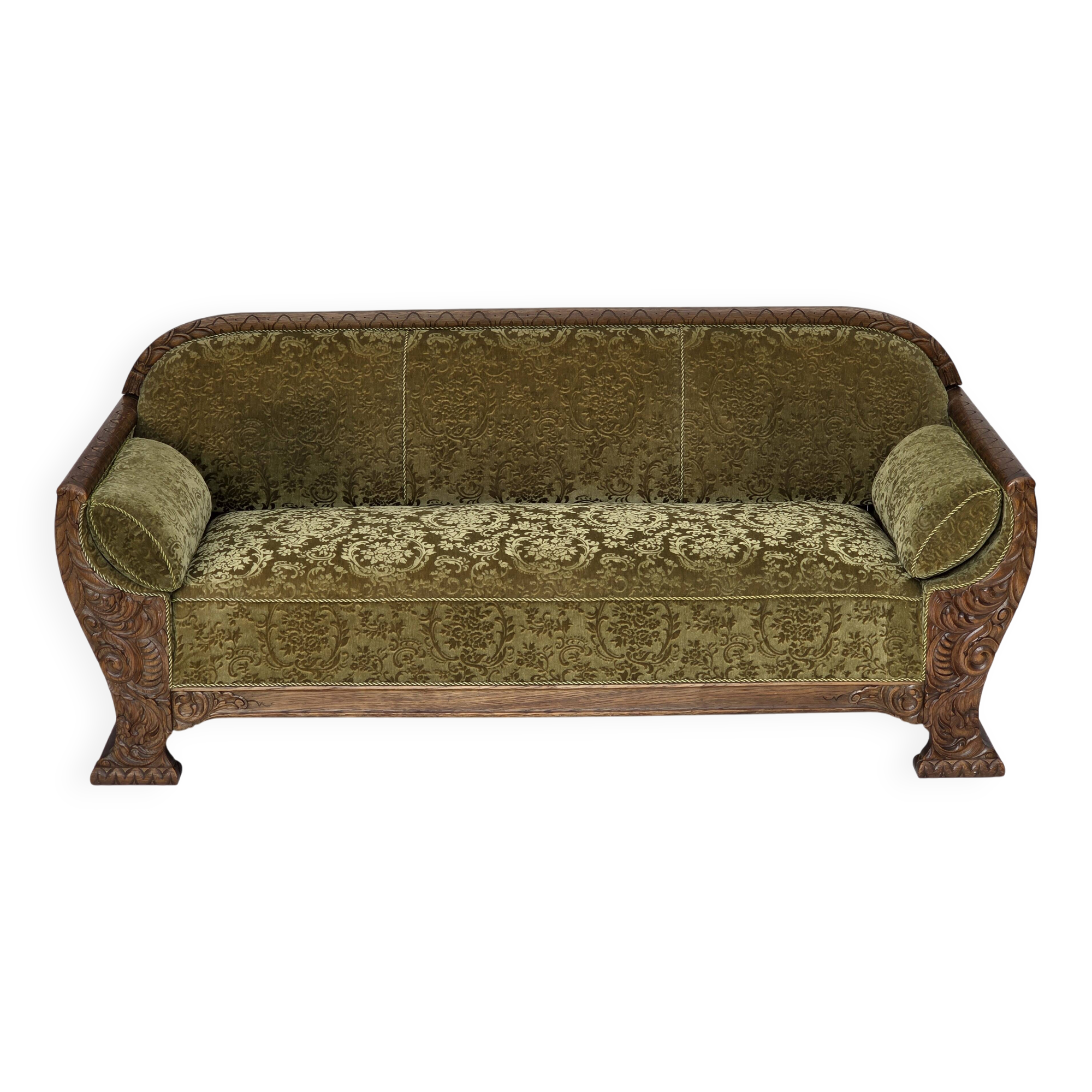 1950s, Danish 3-seater sofa, green furniture velour, oak wood.