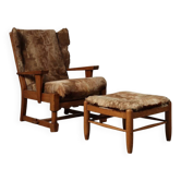 Chaise longue en chêne brutaliste et ottoman en peau de chèvre d'origine, années 1960