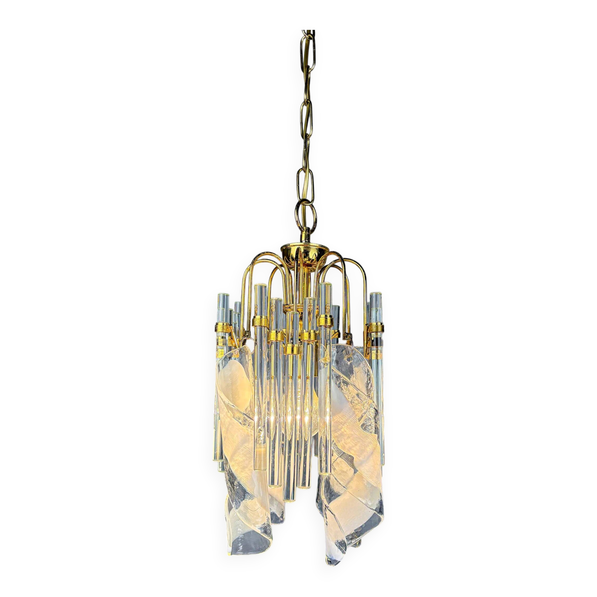 Murano glass cascade chandelier – twisted prisms & tubes, brass frame, Italy 1970s