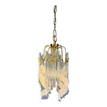 Murano glass cascade chandelier – twisted prisms & tubes, brass frame, Italy 1970s