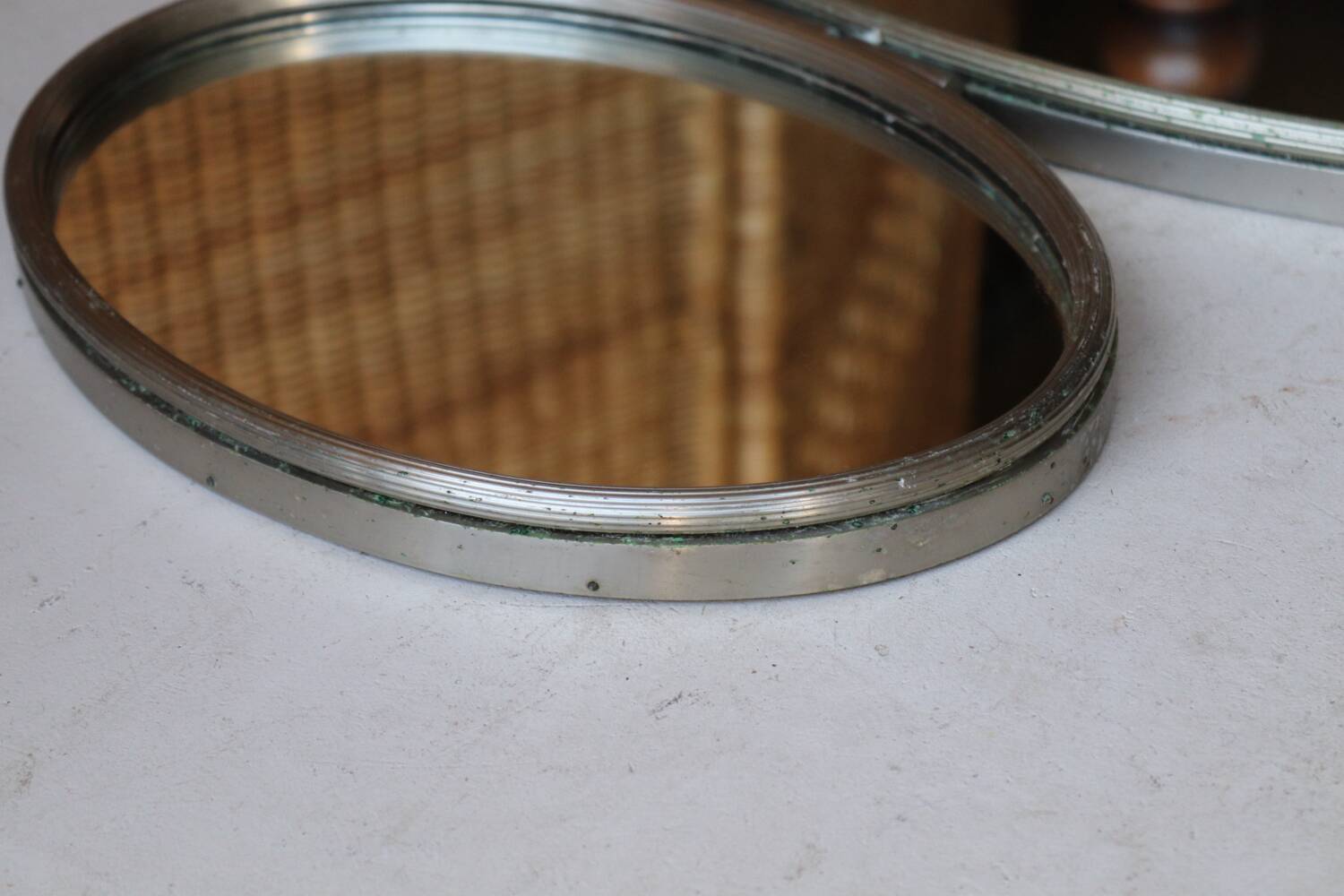 Vintage triptych mirror from a 1950s dressing table in nickel-plated silver.