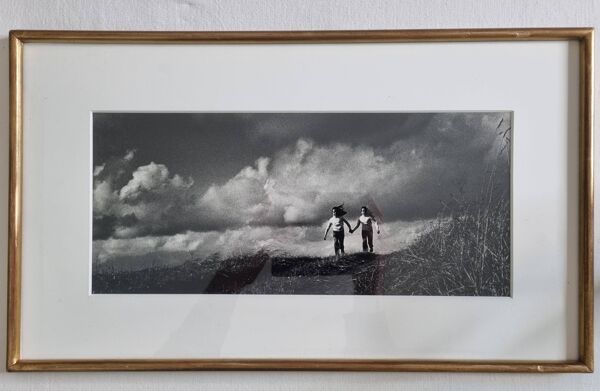 Photo noir et blanc vintage dunes années 70 encadrée 49 x 29 cm cadre doré