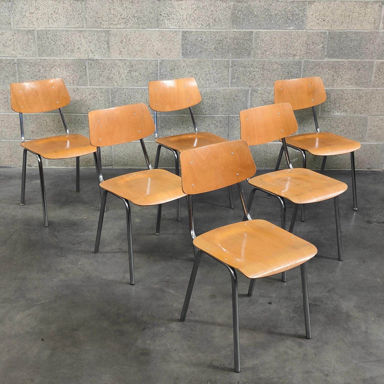 Set of 6 Czech chairs "Kovonac" school type, chrome and wood 1960