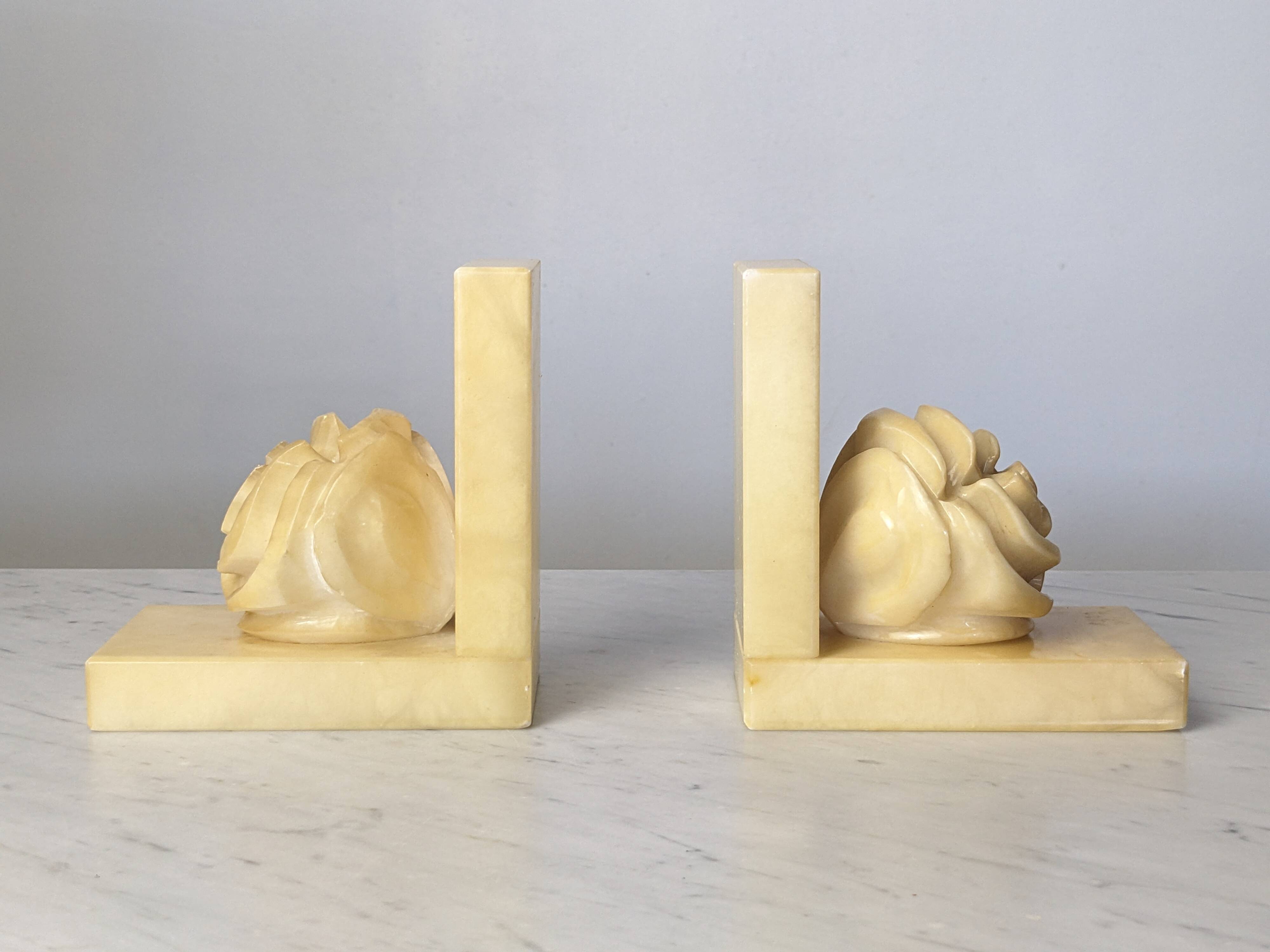 Pair of Neo-Classical Camellia Alabaster Bookends - 1940s