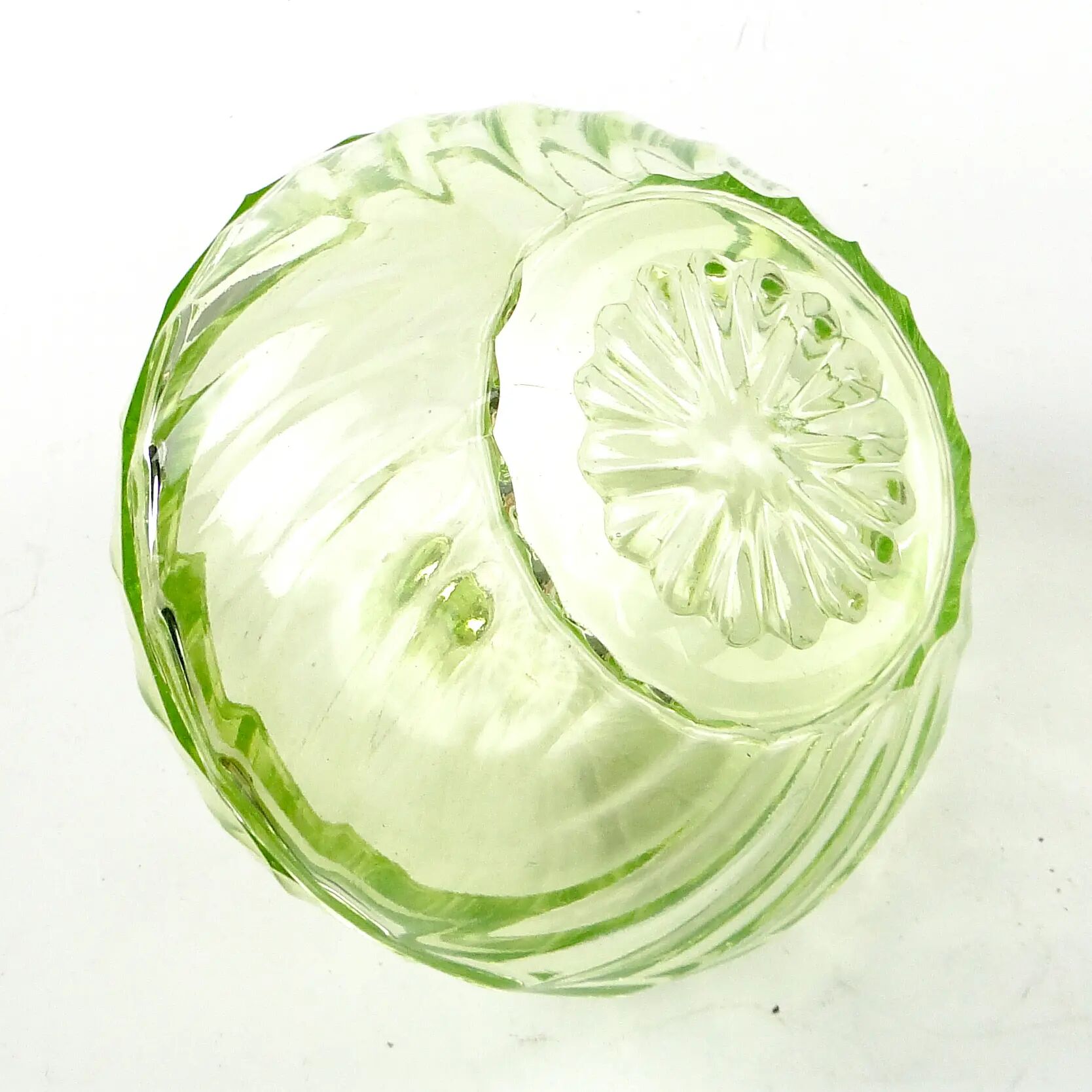 Art Deco bonbonniere with lid, pressed uranium glass, Poland, 1930s