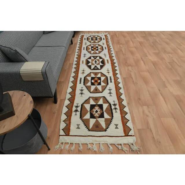 1970s Vintage Turkish Oushak Handmade Wool Cotton Beige Runner Rug 87x326