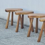4 Vintage tripod stools, solid wood, brutalist, circa 1960