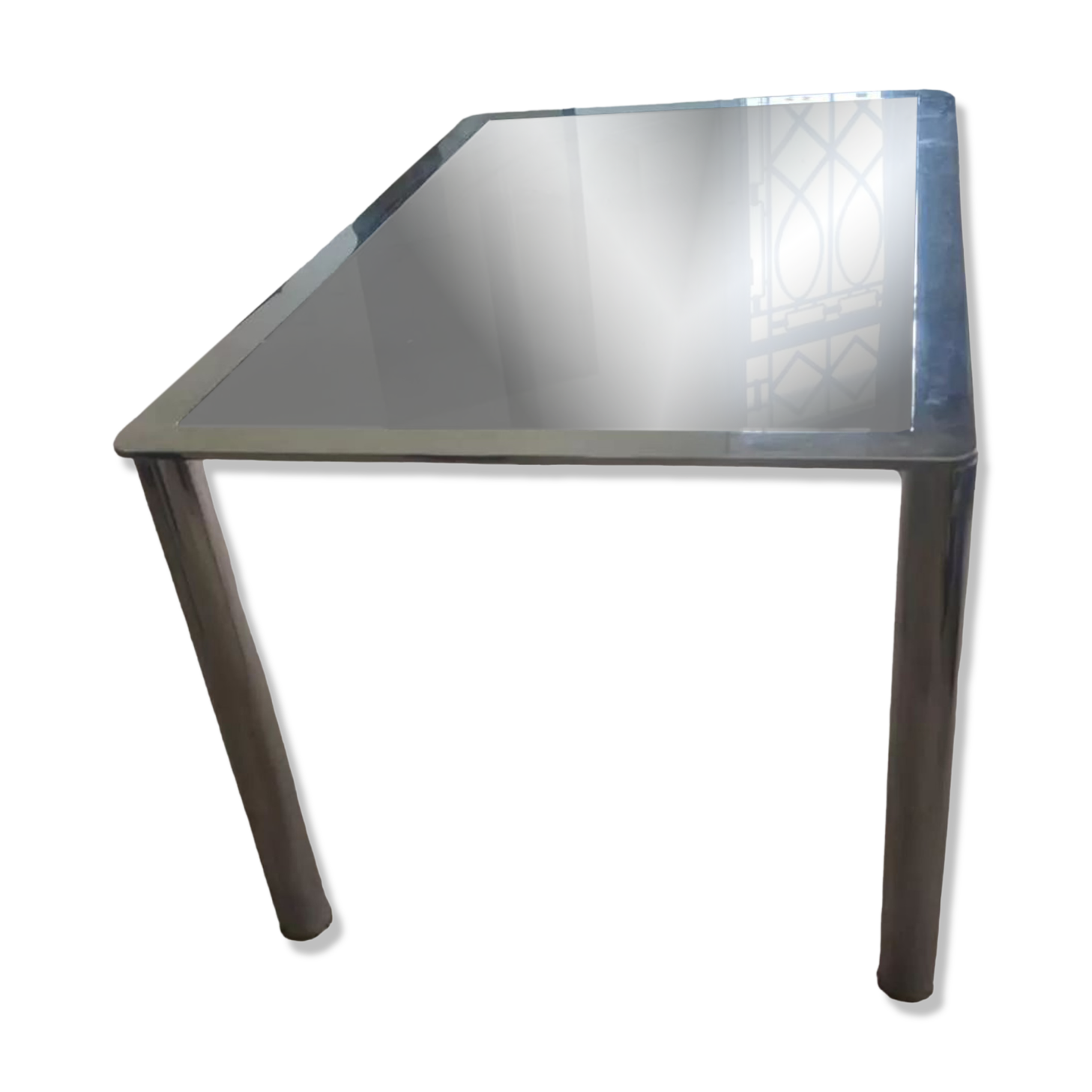 Dining table in chromed steel and smoked glass top, 1969
