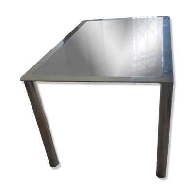 Table à manger en acier chromé et dalle de verre fumé en 1969