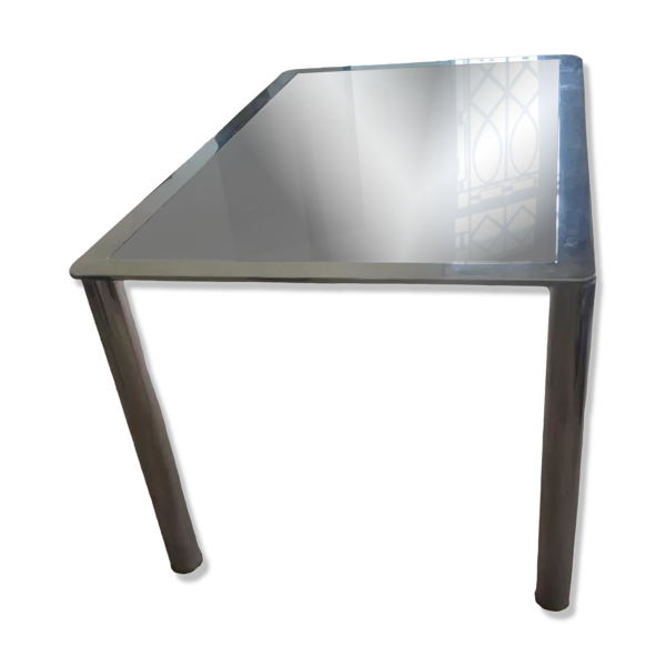 Table à manger en acier chromé et dalle de verre fumé en 1969