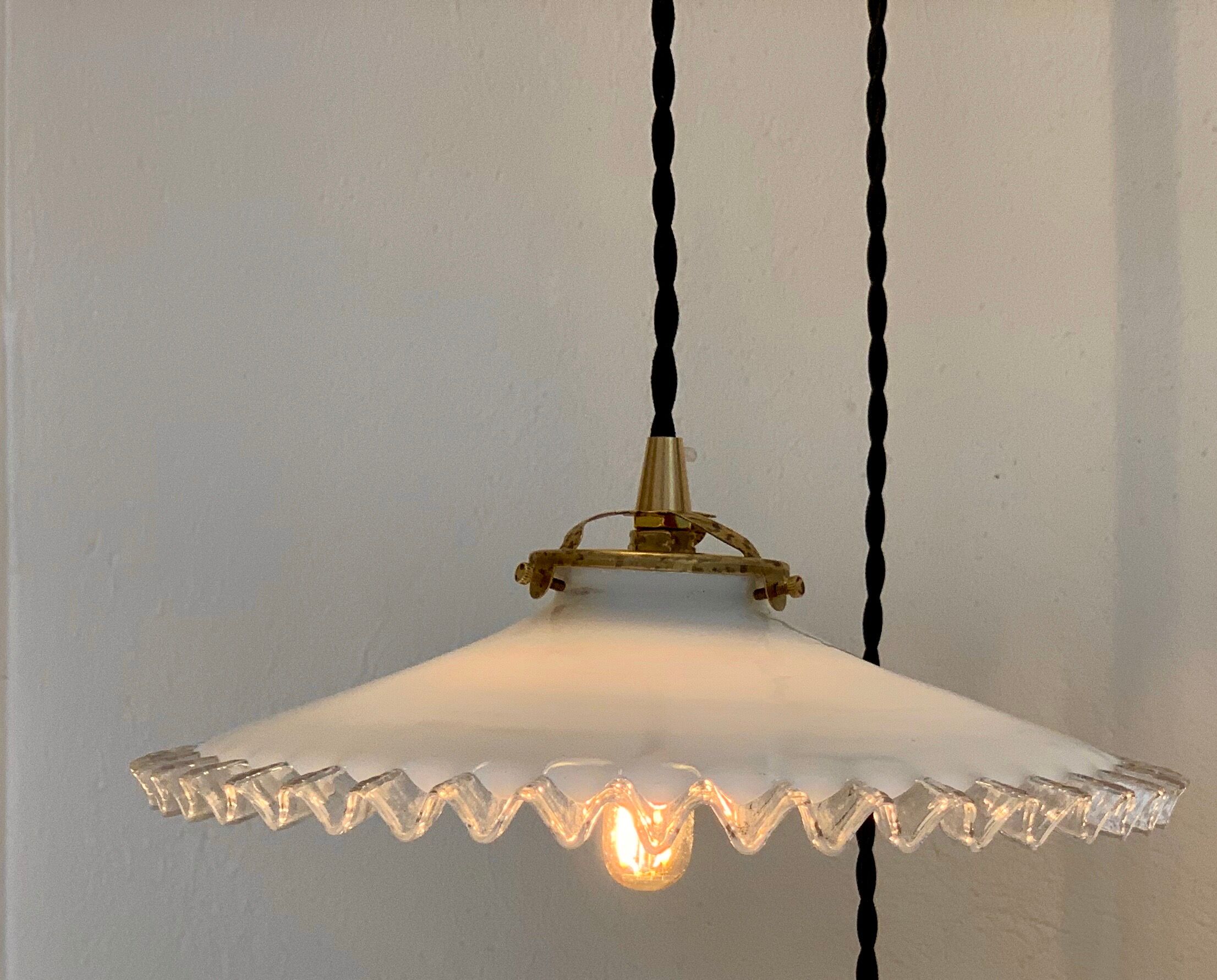 Pair of serrated opaline pendant lamps