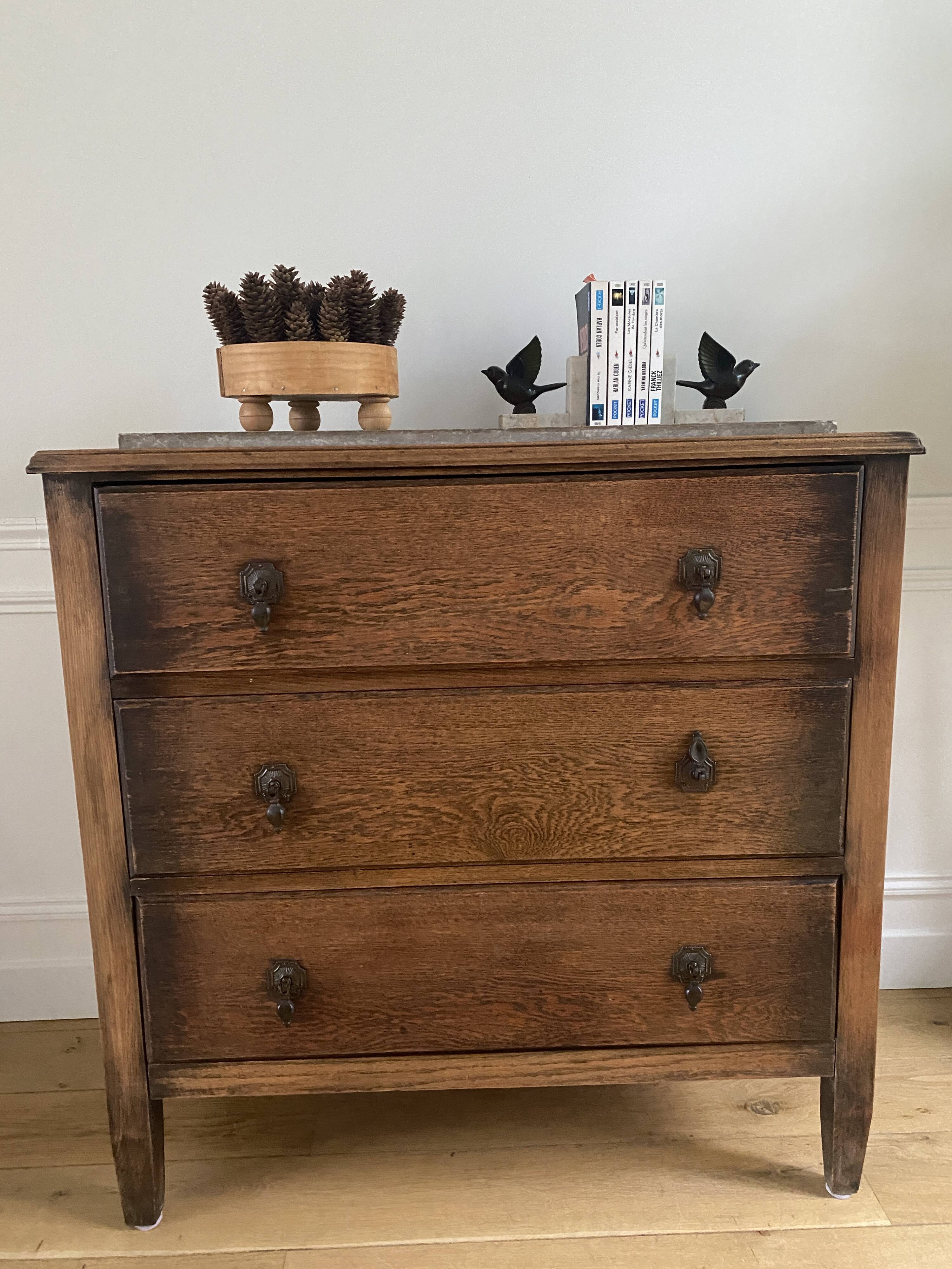 Vintage wooden chest of drawers with three drawers and brown marble top
