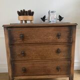Vintage wooden chest of drawers with three drawers and brown marble top