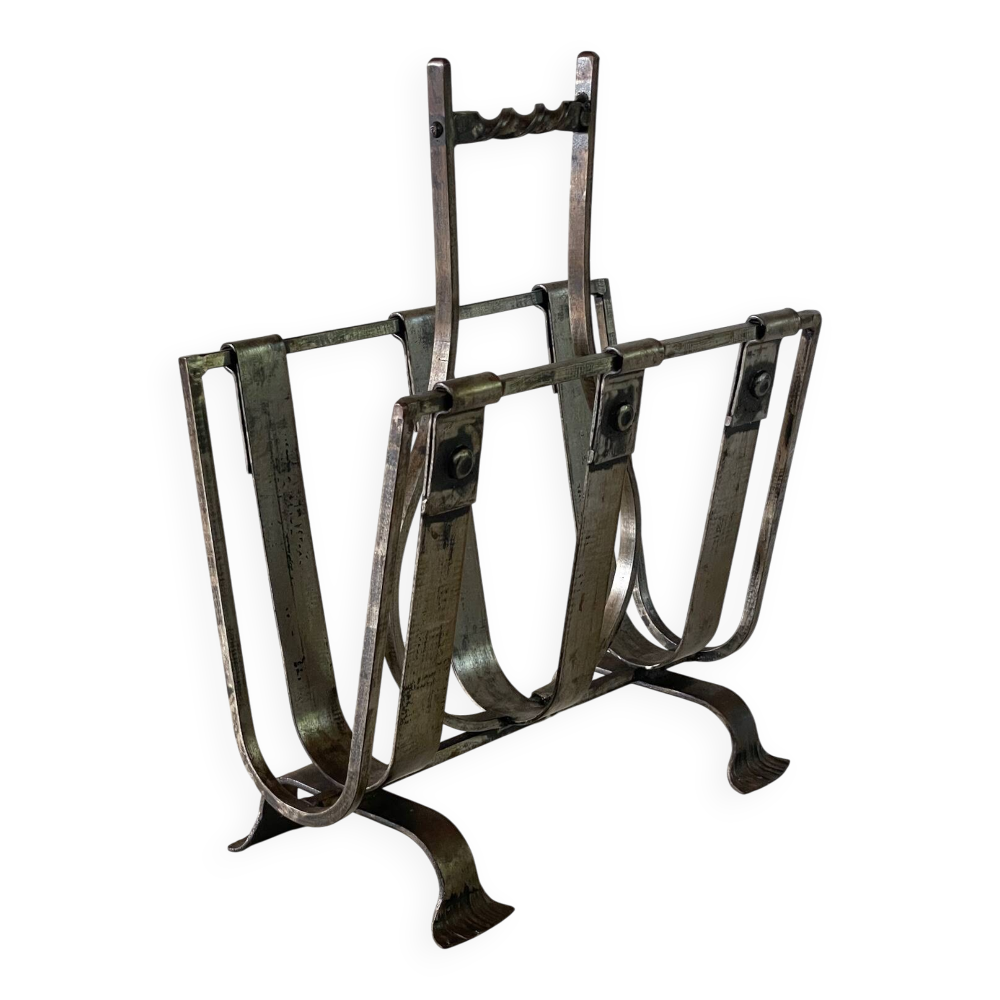 Brutalist vintage steel magazine rack