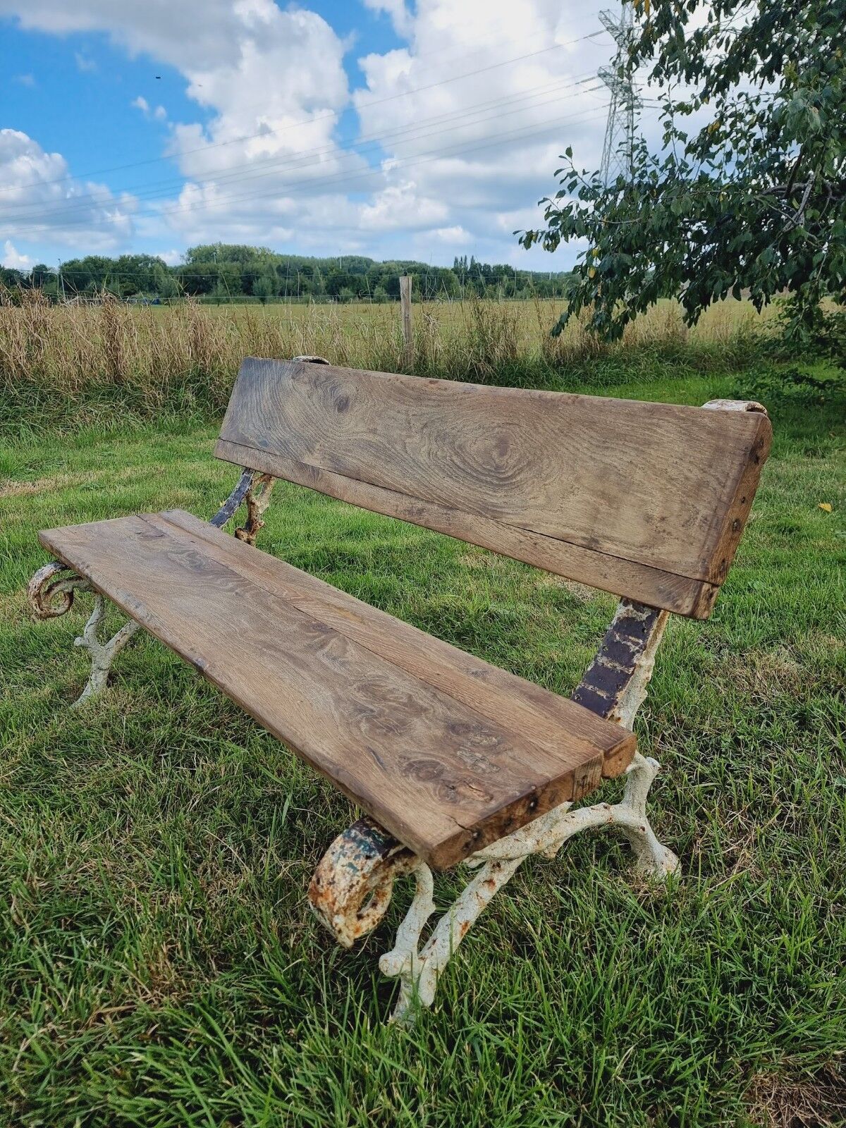Antique garden bench oak on cast iron legs 125 cm