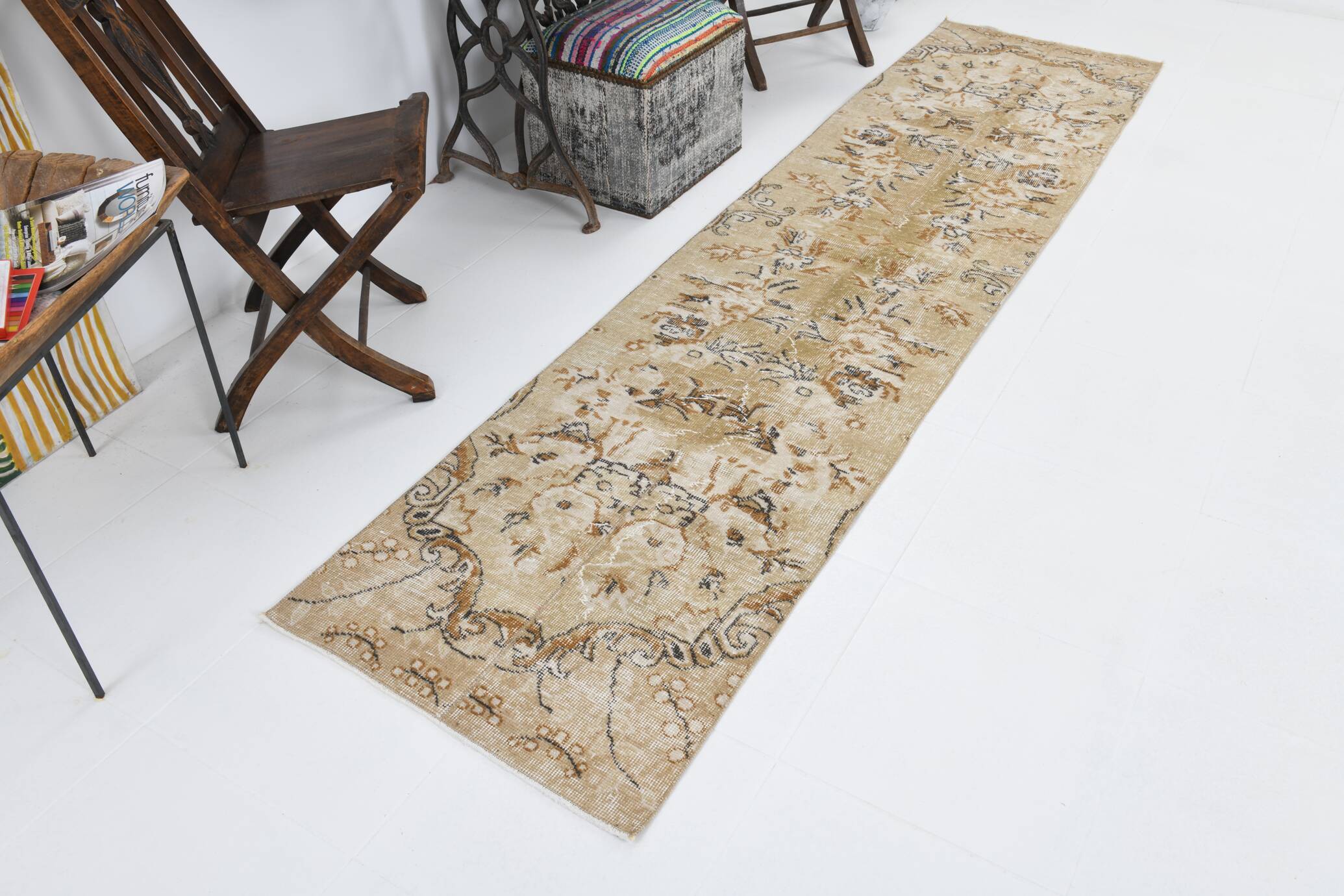 2x10 Beige Brown Floral Turkish Runner Rug, 73x302Cm SK 7009